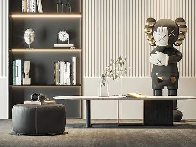 Modern Marble Coffee Table With Sculpture Plant And Bookshelf Decorations 3d model