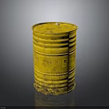 Yellow Rusty Metal Barrel With Warning Label On Dark Reflective Surface