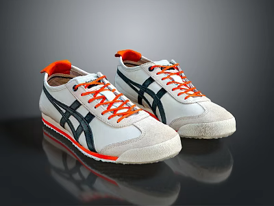 Classic White Shoes With Orange Laces Black Side Stripes And Red Trim 3d model