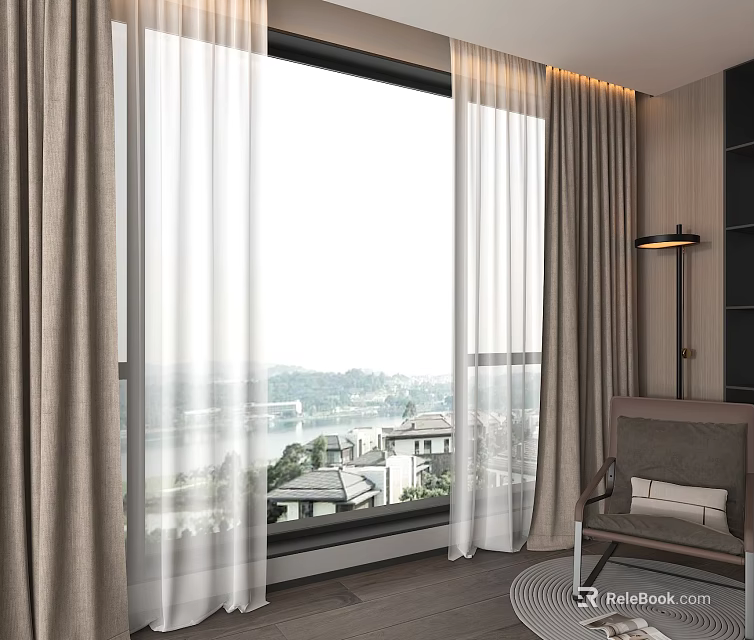 Modern Double Layer Curtains by Floor to Ceiling Window with City View and Armchair 3d model 