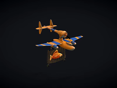 Orange Airplane Model with Blue Striped Wings Hanging Net with Fish on Black Background 3d model
