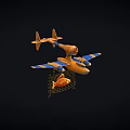 Orange Airplane Model with Blue Striped Wings Hanging Net with Fish on Black Background