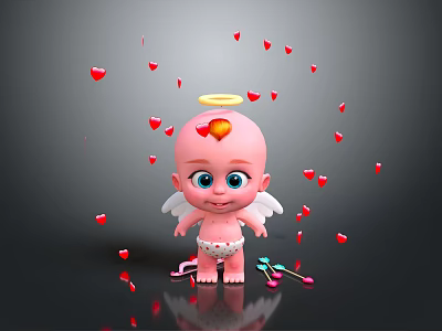 Baby With Halo Angel Wings Surrounded By Red Hearts On Black Background With Colorful Items 3d model
