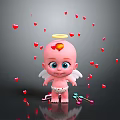 Baby With Halo Angel Wings Surrounded By Red Hearts On Black Background With Colorful Items