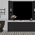Modern Bathroom Interior Featuring Black Vanity Mirror Toilet Pink Wall and Checkered Floor