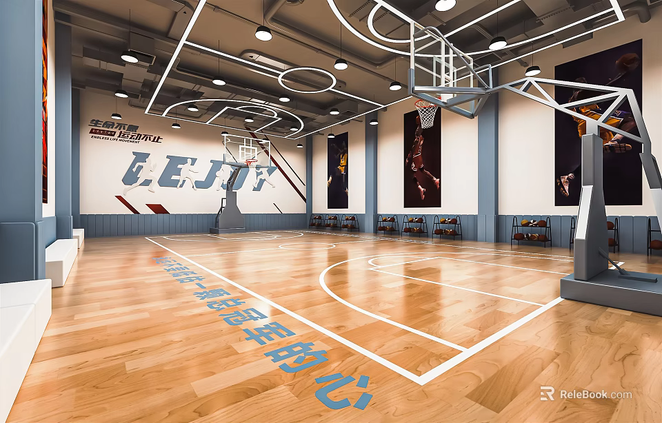 LEJIE Basketball Court Interior With Wooden Floor Hoops Wall Posters Ceiling Lights And Seats 3d model 