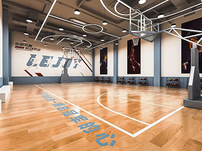 LEJIE Basketball Court Interior With Wooden Floor Hoops Wall Posters Ceiling Lights And Seats 3d model