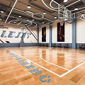 LEJIE Basketball Court Interior With Wooden Floor Hoops Wall Posters Ceiling Lights And Seats