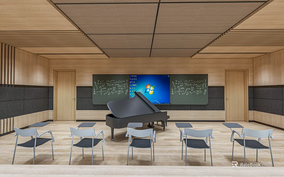 Kindergarten Classroom Interior With Grand Piano Blackboards Digital Screen And Chairs 3d model 