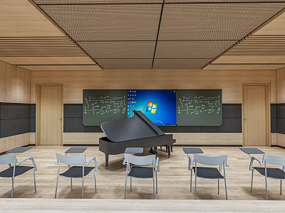 Kindergarten Classroom Interior With Grand Piano Blackboards Digital Screen And Chairs 3d model