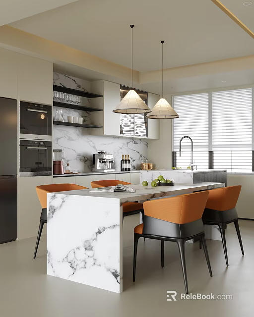 Modern Restaurant Interior With Marble Island Counter Orange Chairs And Pendant Lights 3d model 