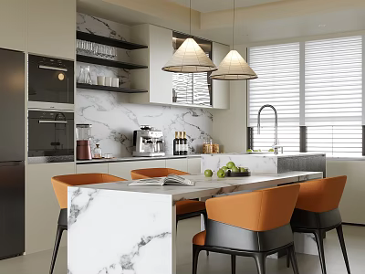 Modern Restaurant Interior With Marble Island Counter Orange Chairs And Pendant Lights 3d model
