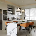 Modern Restaurant Interior With Marble Island Counter Orange Chairs And Pendant Lights