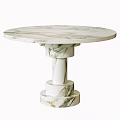 Round Marble Dining Table With Elegant Layered Pedestal Base And Natural Veins