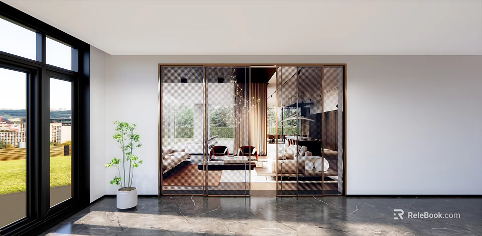 Modern Glass Partition With Metal Frame In Living Room Interior With Sofa And Green Plants 3d model 