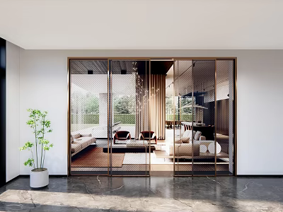Modern Glass Partition With Metal Frame In Living Room Interior With Sofa And Green Plants 3d model