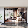 Modern Glass Partition With Metal Frame In Living Room Interior With Sofa And Green Plants