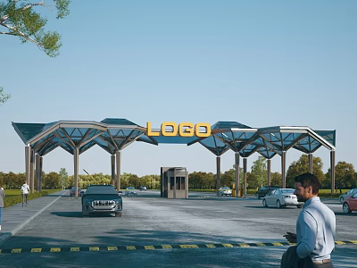 Modern Entrance Gate with Geometric Canopy Glass Roof and Prominent Logo Sign Surrounded by Trees 3d model