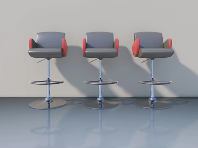 Three Modern Gray Bar Stools With Red Armrests On Smooth Reflective Floor 3d model