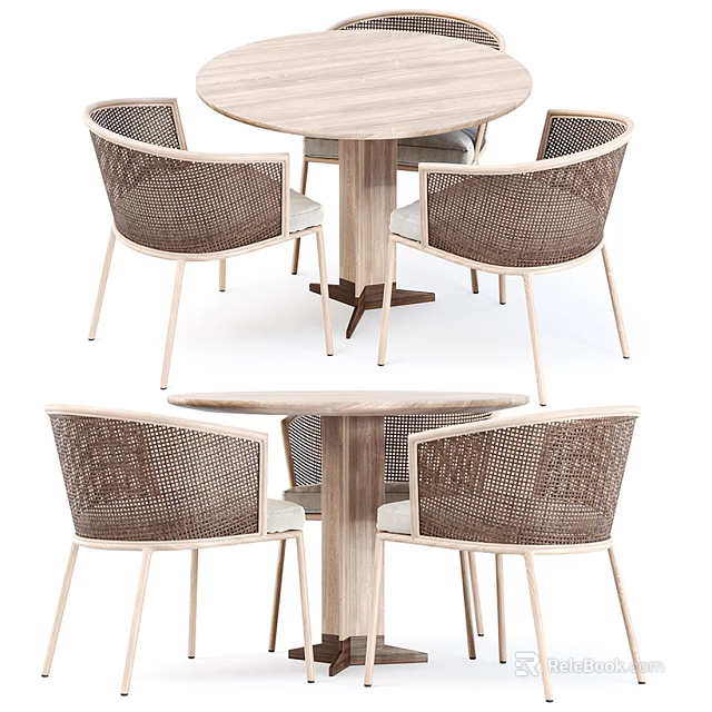 Stylish Wooden Outdoor Round Table Set With Rattan Chairs And Comfortable Seating Design 3d model 