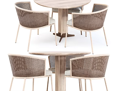 Stylish Wooden Outdoor Round Table Set With Rattan Chairs And Comfortable Seating Design 3d model
