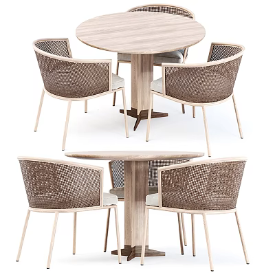 Stylish Wooden Outdoor Round Table Set With Rattan Chairs And Comfortable Seating Design 3d model
