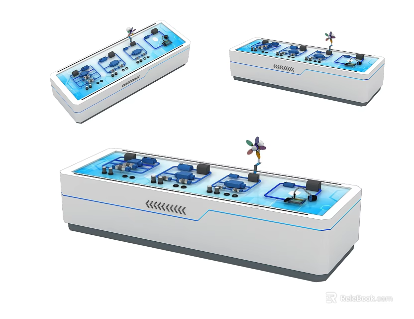 Blue And White Art Installation With Long Display Structure And Small Windmill Models 3d model