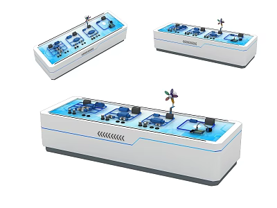 Blue And White Art Installation With Long Display Structure And Small Windmill Models 3d model