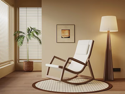 White Rocking Chair With Wooden Frame Palm Plant Floor Lamp And Round Rug 3d model