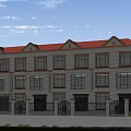 Terraced Townhouse Exterior with Red Roof Beige Walls Multiple Windows Front Gates and Green Plants