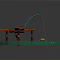 Wooden Fishing Bench With Curved Rod Straw Hat And Lily Pads On Water