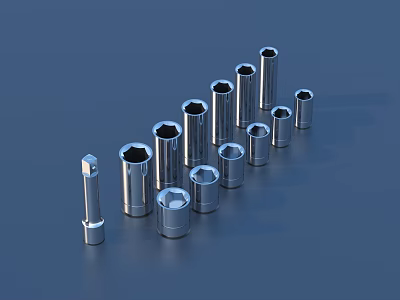 Silver Socket Wrenches Arranged In Various Sizes As Hardware Tools On Blue Background 3d model