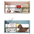 Various Colored Wall Shelves With Books Stuffed Toys And Decor Items