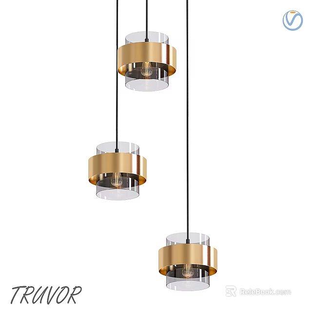 Three Modern Gold Transparent Glass Pendant Lights Hanging Interior Design 3d model 