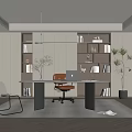 Style Study Desk and Chair Chandelier Carpet Hanging Painting Ornaments Venetian Blinds Bookcase 3d model