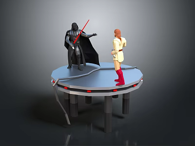Black Cloaked Character With Red Lightsaber And Yellow Outfitted Figure Standing On Circular Platform 3d model