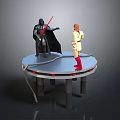 Black Cloaked Character With Red Lightsaber And Yellow Outfitted Figure Standing On Circular Platform
