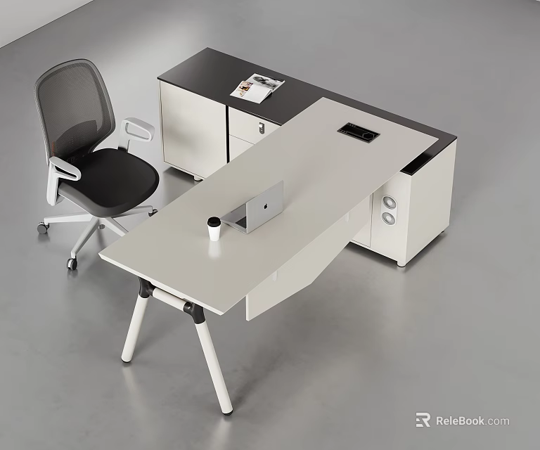 Modern L Shaped Office Desk With Gray Chair Laptop Coffee Cup And Cabinet 3d model 