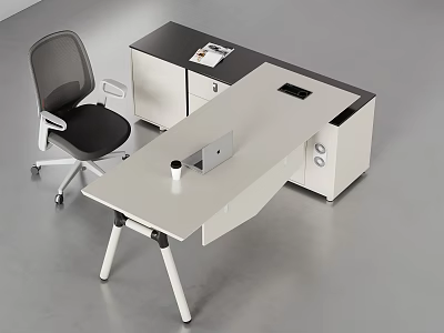 Modern L Shaped Office Desk With Gray Chair Laptop Coffee Cup And Cabinet 3d model