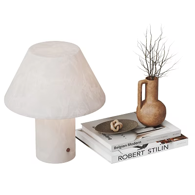 White Textured Table Lamp with Ceramic Vase Dried Branches and Stack of Books 3d model
