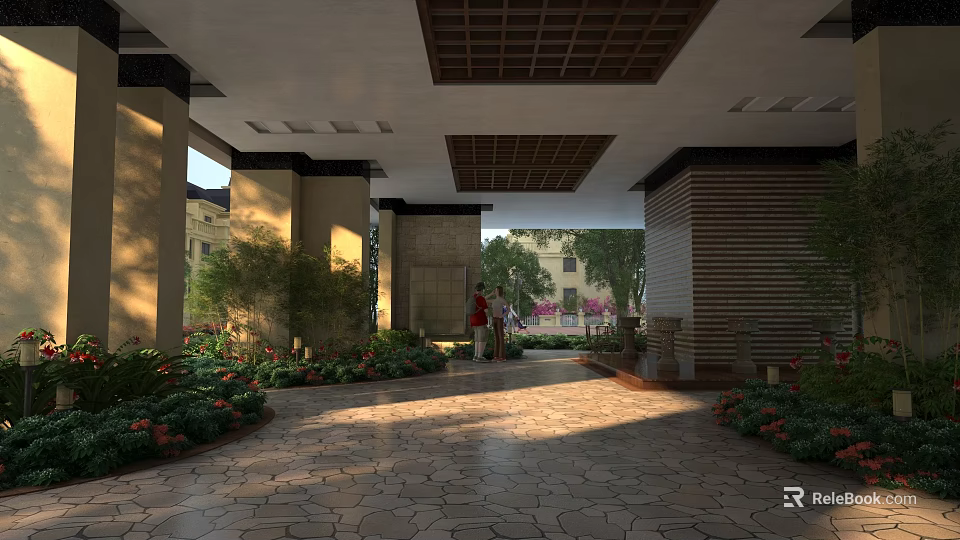 Sunlit Entrance Lobby With Stone Pillars Green Plants Wooden Grid Ceiling And Patterned Floor 3d model 