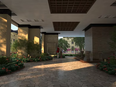 Sunlit Entrance Lobby With Stone Pillars Green Plants Wooden Grid Ceiling And Patterned Floor 3d model
