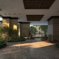Sunlit Entrance Lobby With Stone Pillars Green Plants Wooden Grid Ceiling And Patterned Floor