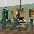 Elegant Dining Table Set with Colorful Chairs Chandeliers and Green Wall Paintings