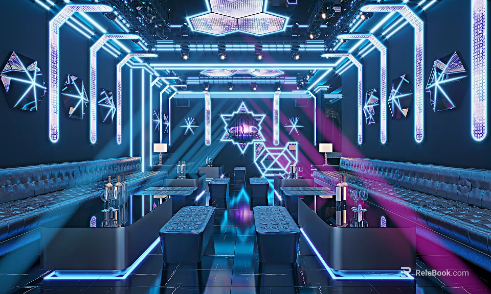 Modern Stylish KTV Room Interior With Neon Lights Sofas And Tables 3d model 