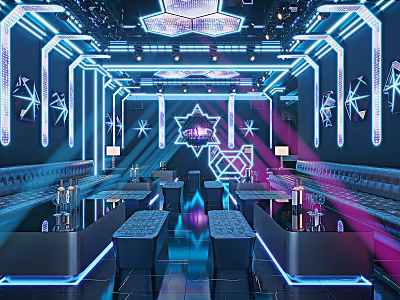 Modern Stylish KTV Room Interior With Neon Lights Sofas And Tables 3d model