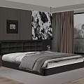 Modern Bedroom Interior With Dark Wood Walls Black Leather Headboard Black White Abstract Painting Large Window