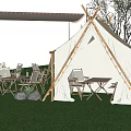 Scenic Campsite With Bell Tent Outdoor Dining Set Awning String Lights Trees And Green Grass
