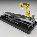 Yellow Automated Industrial Robotic Arm System On Metal Workbench With Sliding Rails