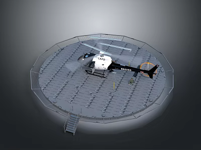 White Helicopter Parked On Circular Helipad With Fence And Ladder 3d model